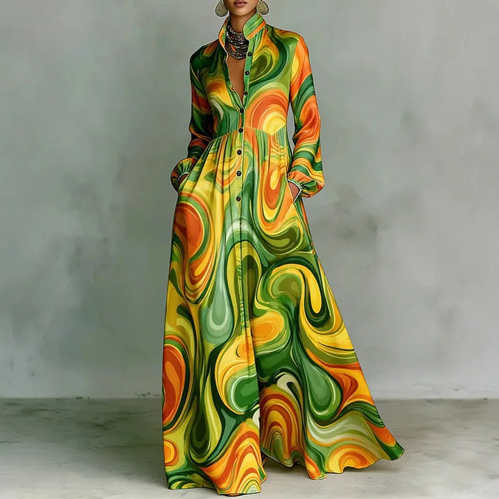 Green Printed Shirt-Collar Maxi Dress swirl print worn