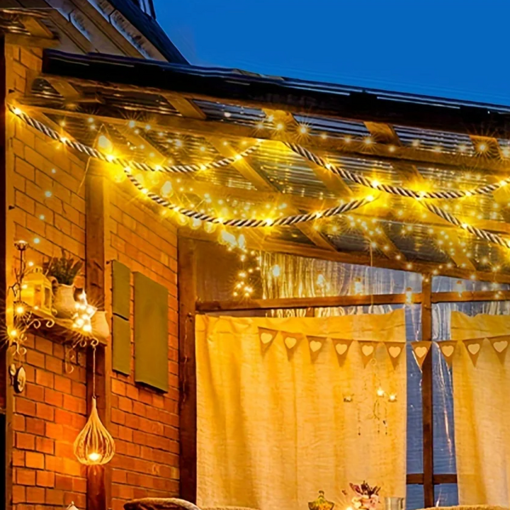 Solar Hemp Rope Lights feature specifications graphic