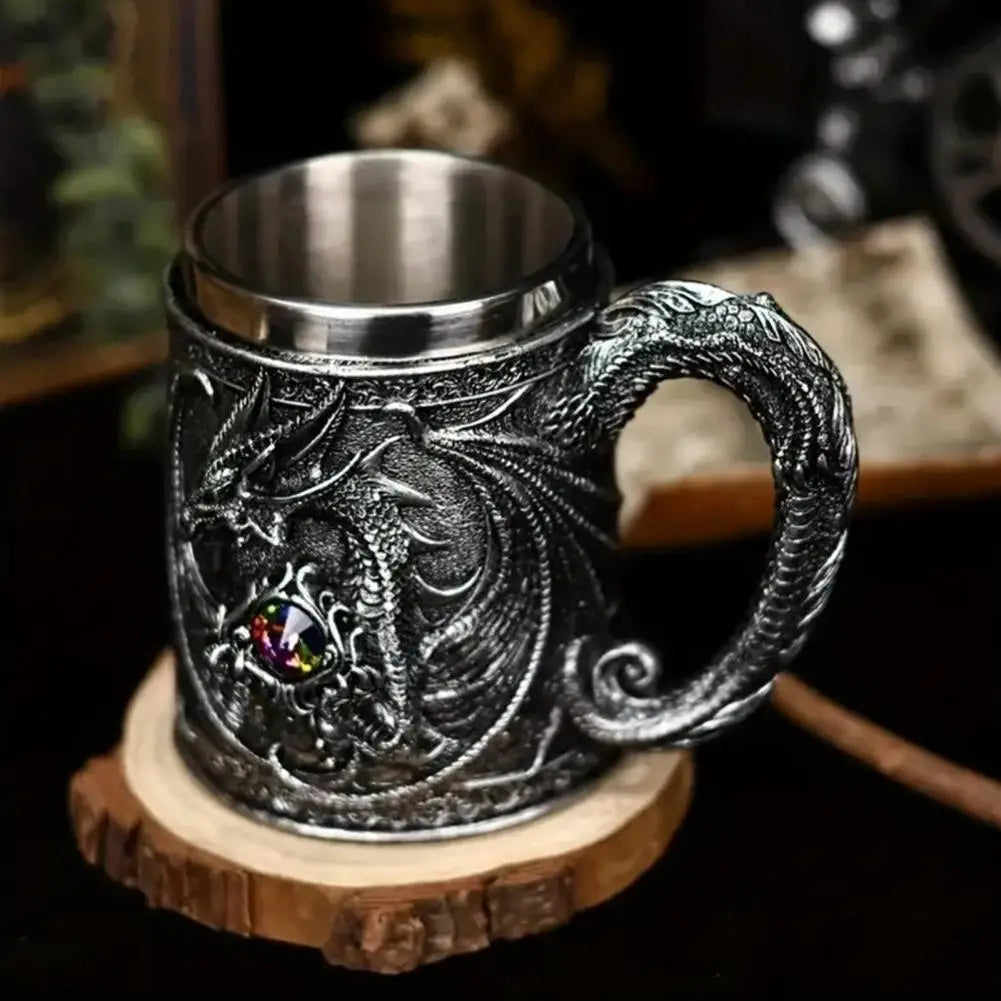 Impressive Dragon Resin Stainless Steel Beer Mug Coffee Tankard 600ml