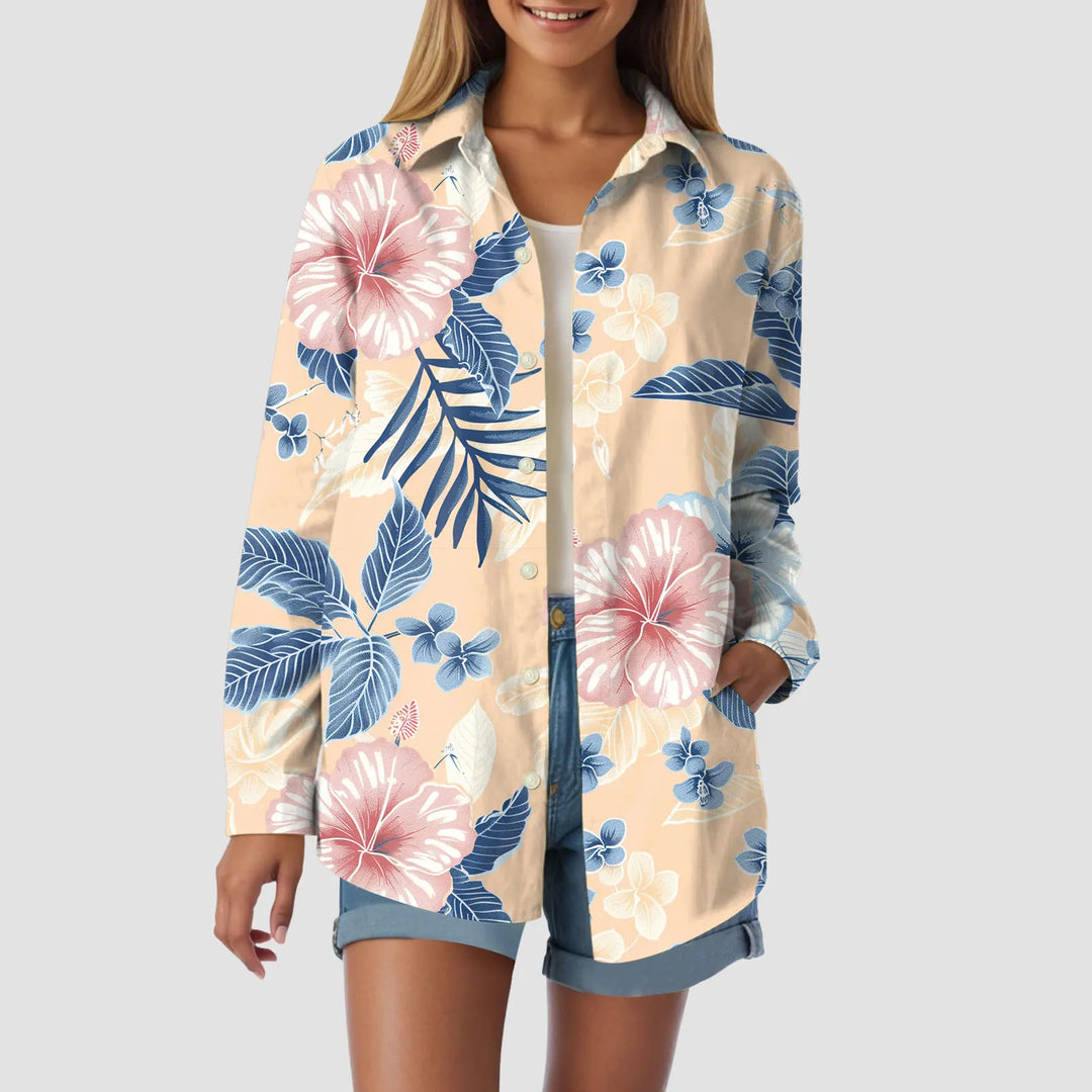 Cotton Tropical Print Shirt with Chest Pockets and Button-Down Placket for Women