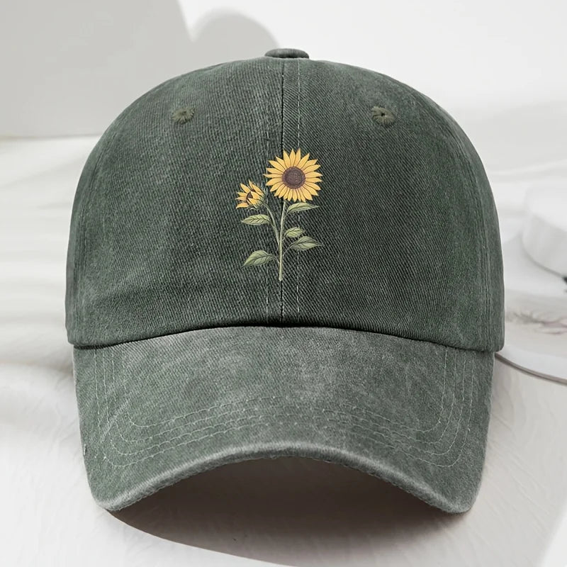 Army Green Sunflower Embroidered Cotton Dad Cap front view