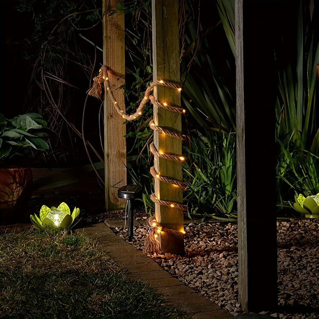 Solar Hemp Rope Lights glowing outdoors