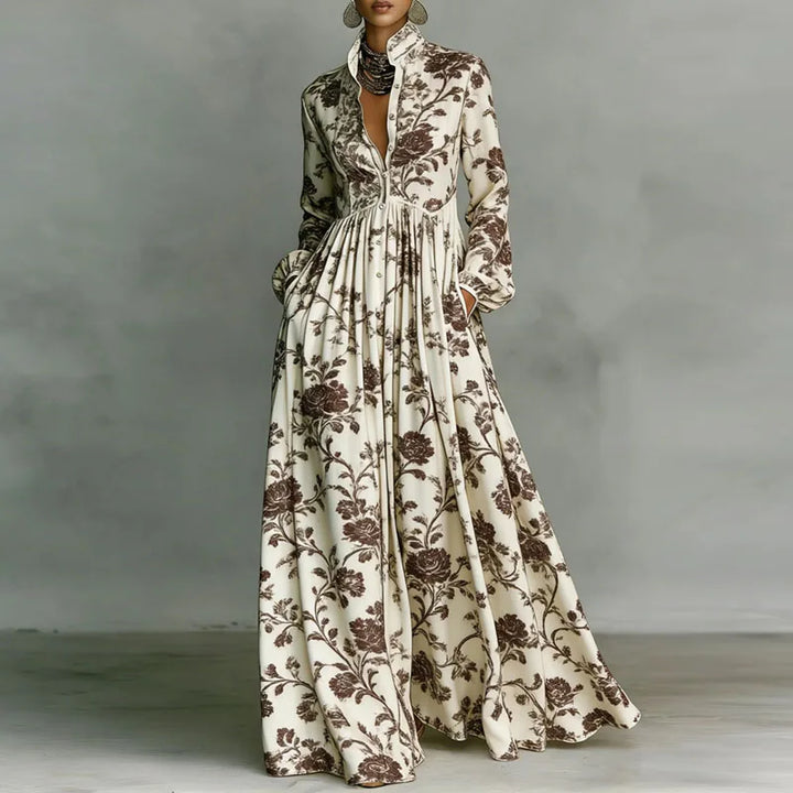 Brown Printed Shirt-Collar Maxi Dress floral print worn