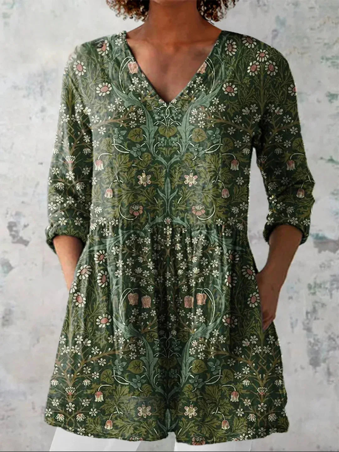 Green Floral Tunic Blouse front view