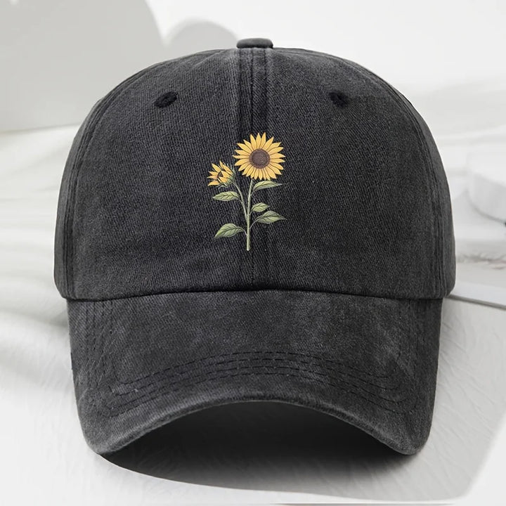 Black Sunflower Embroidered Cotton Dad Cap front view