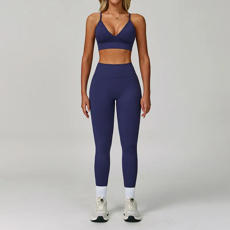 Navy Blue Nylon-Spandex Yoga Set front view