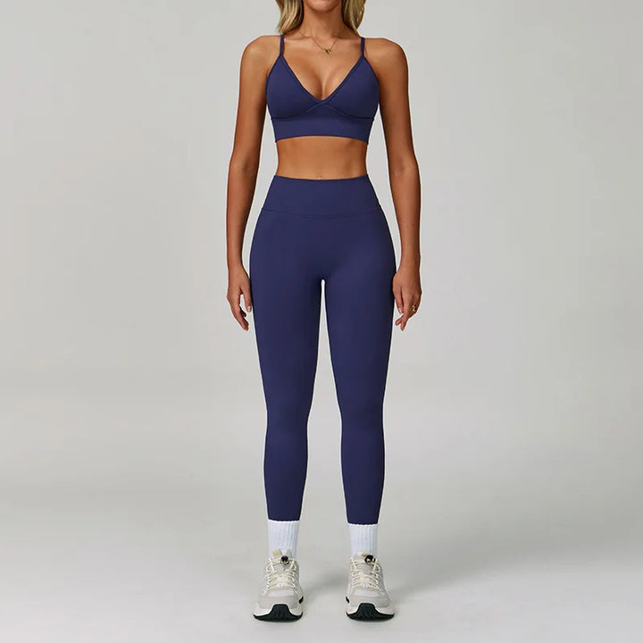 Navy Blue Nylon-Spandex Yoga Set front view