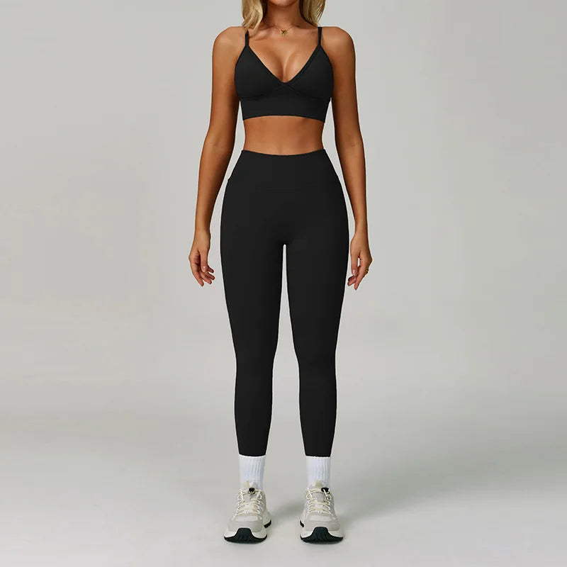 Premium Black Nylon-Spandex Yoga Set front view