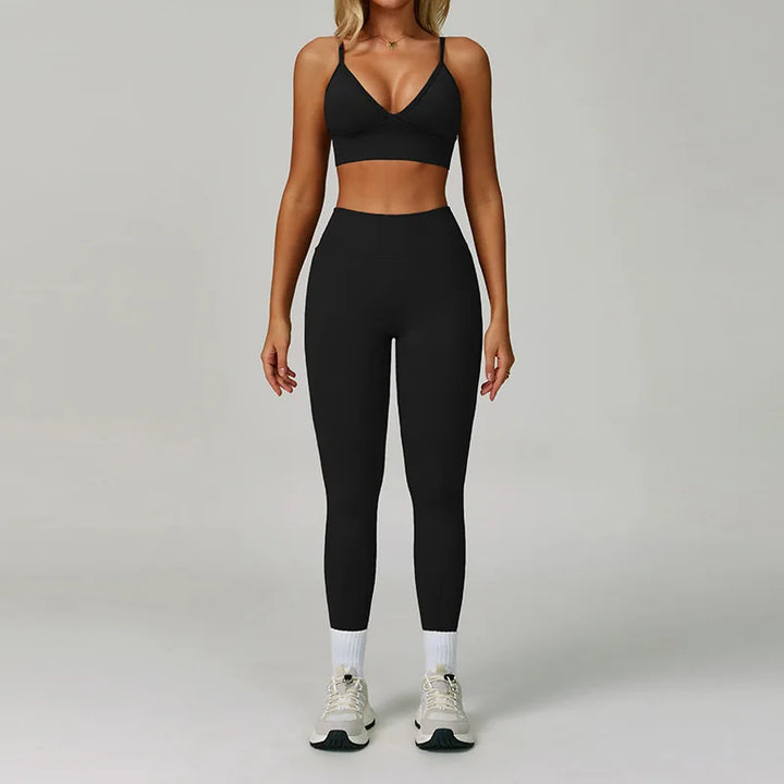Premium Black Nylon-Spandex Yoga Set front view
