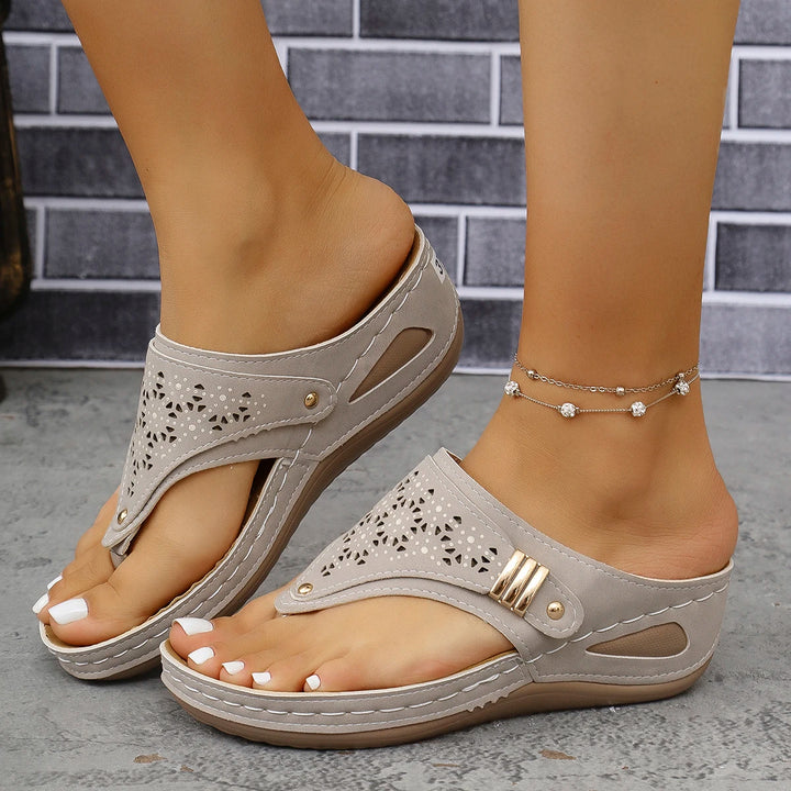Gray Perforated Wedge Sandals side view