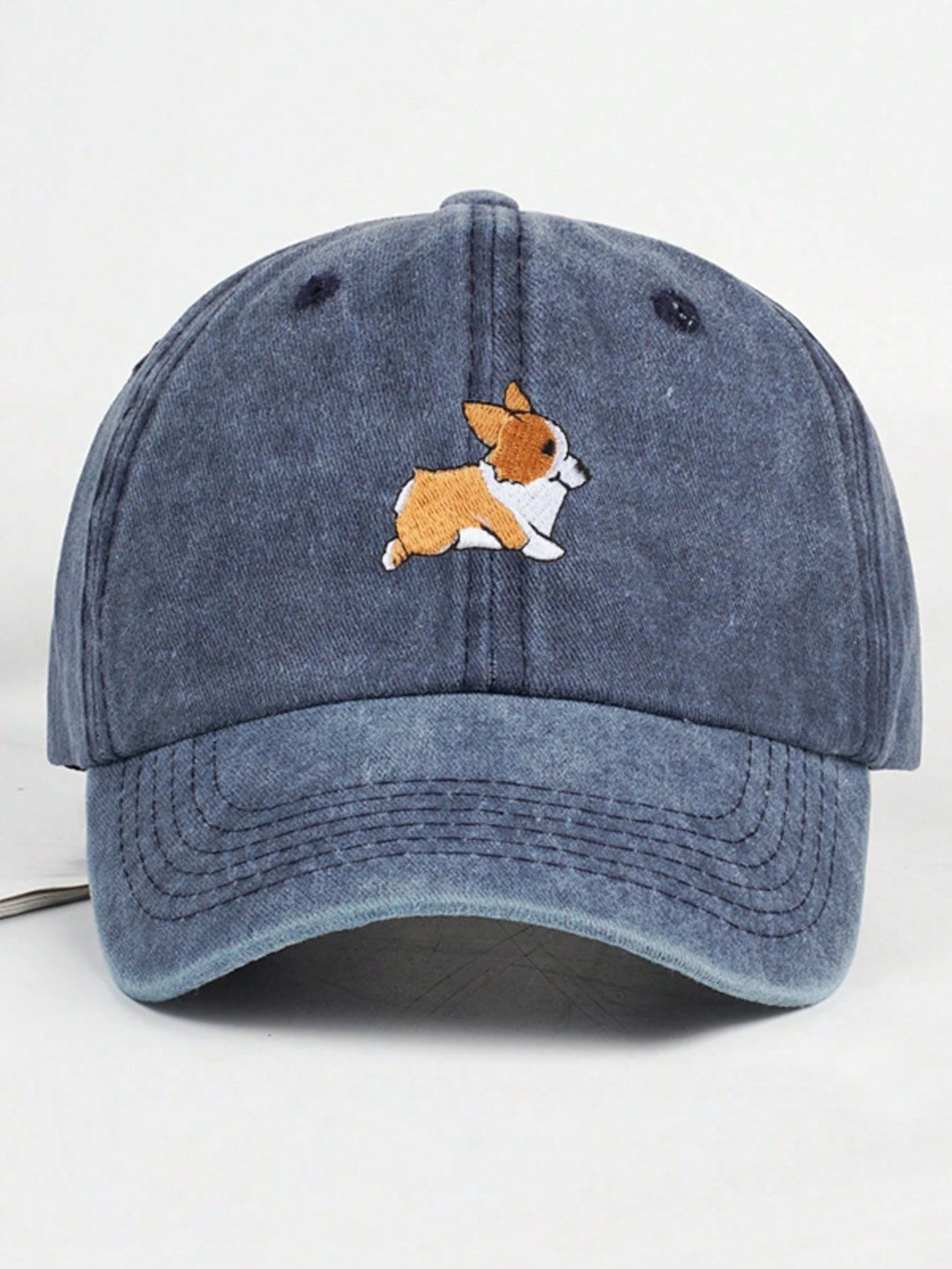 Navy Blue Corgi Embroidered Cotton Dad Cap front view