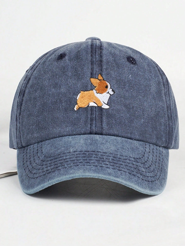 Navy Blue Corgi Embroidered Cotton Dad Cap front view