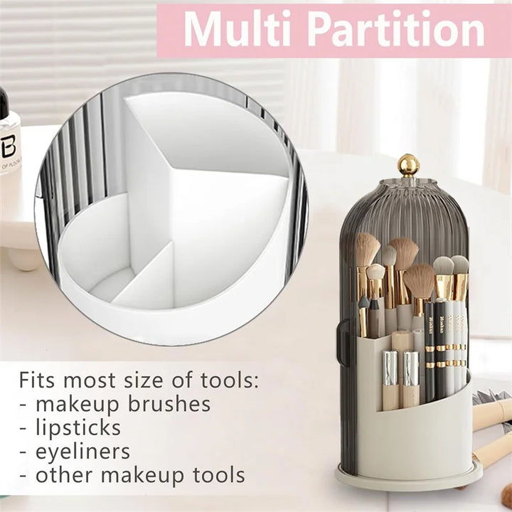 360° Rotating Dustproof Makeup Brush Holder with Lid, 3-Compartment Vanity Storage