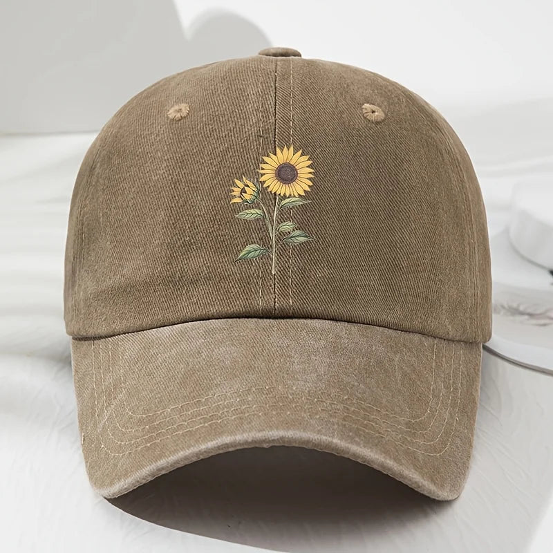 Khaki Sunflower Embroidered Cotton Dad Cap front view