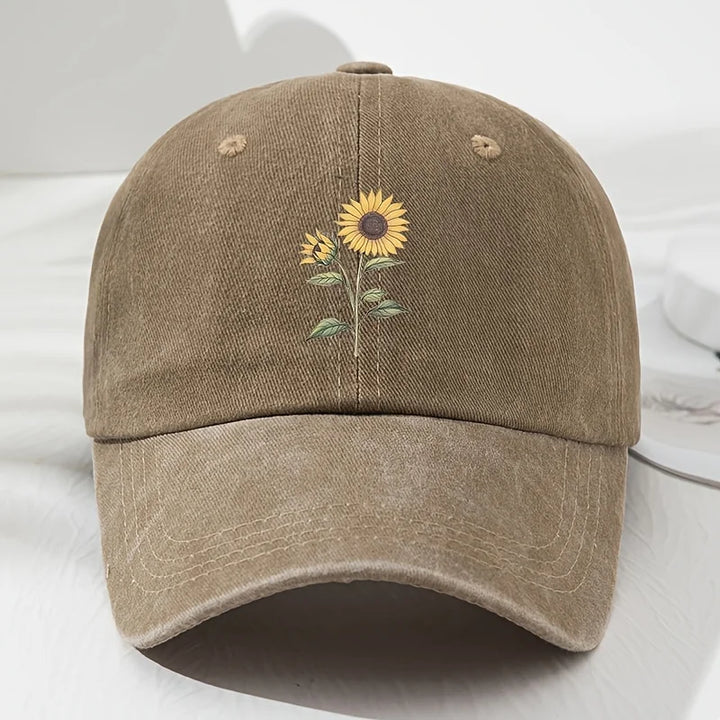 Khaki Sunflower Embroidered Cotton Dad Cap front view