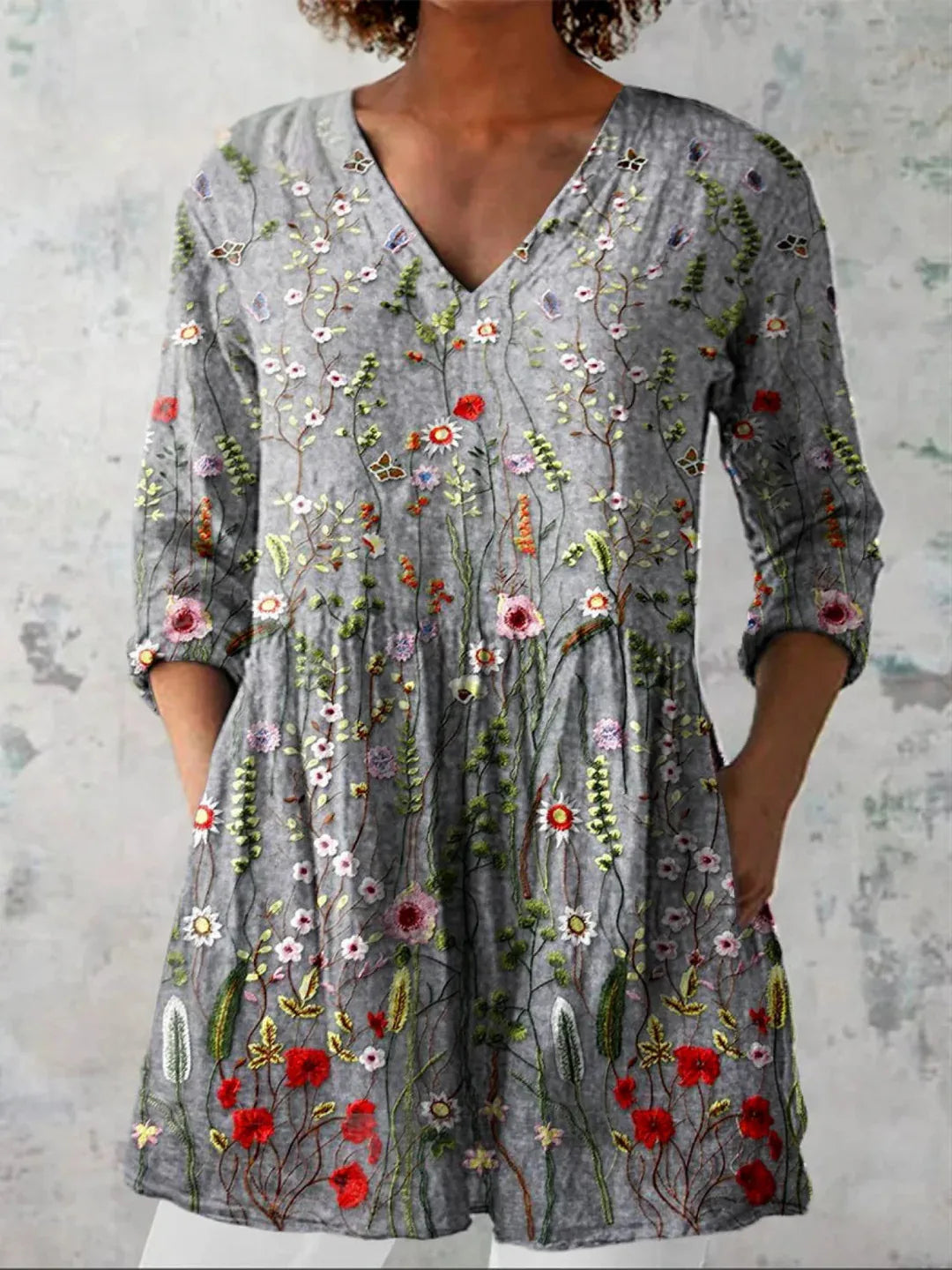 Grey Floral Tunic Blouse front view