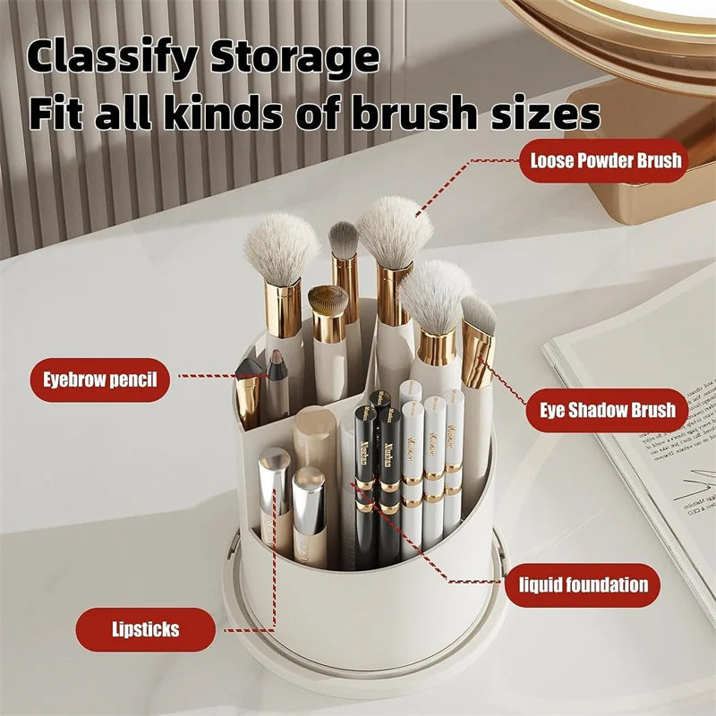 360° Rotating Dustproof Makeup Brush Holder with Lid, 3-Compartment Vanity Storage