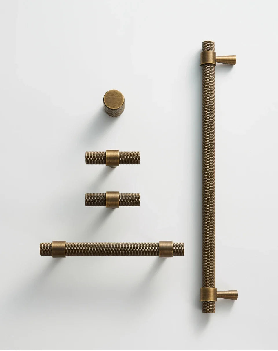 Antique Brass Knurled Cabinet Pull full hardware set