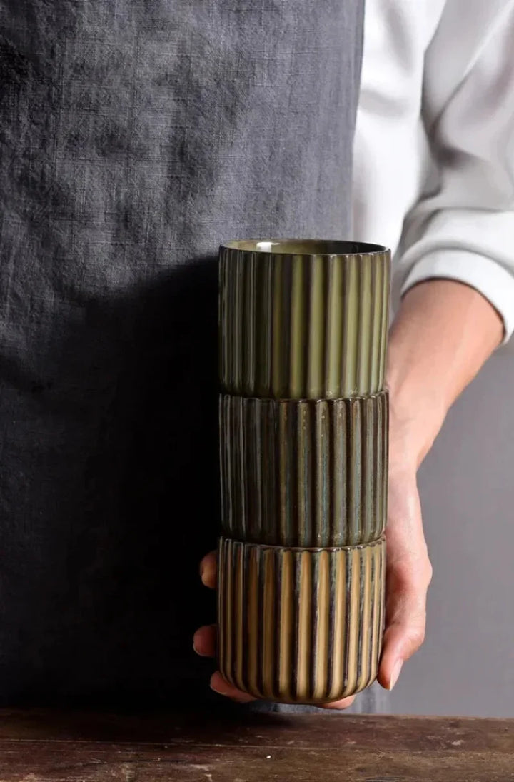 Ribbed Glazed Porcelain Mugs