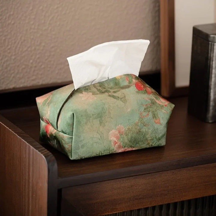 Olive Moss Embroidered Fabric Tissue Cover – detail view
