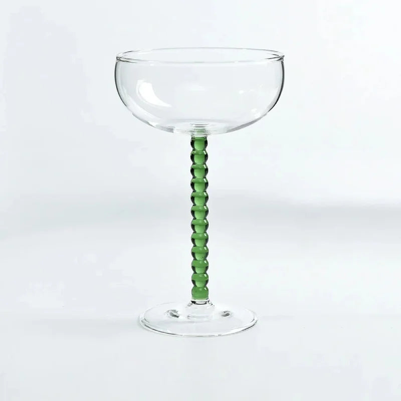 Green Gilded Era Beaded Coupe Glass beaded stem close-up