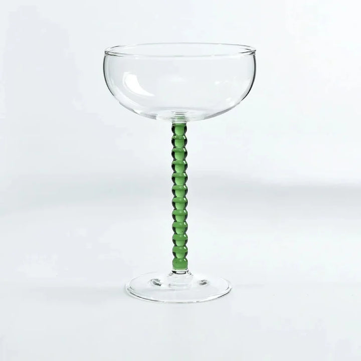 Green Gilded Era Beaded Coupe Glass beaded stem close-up