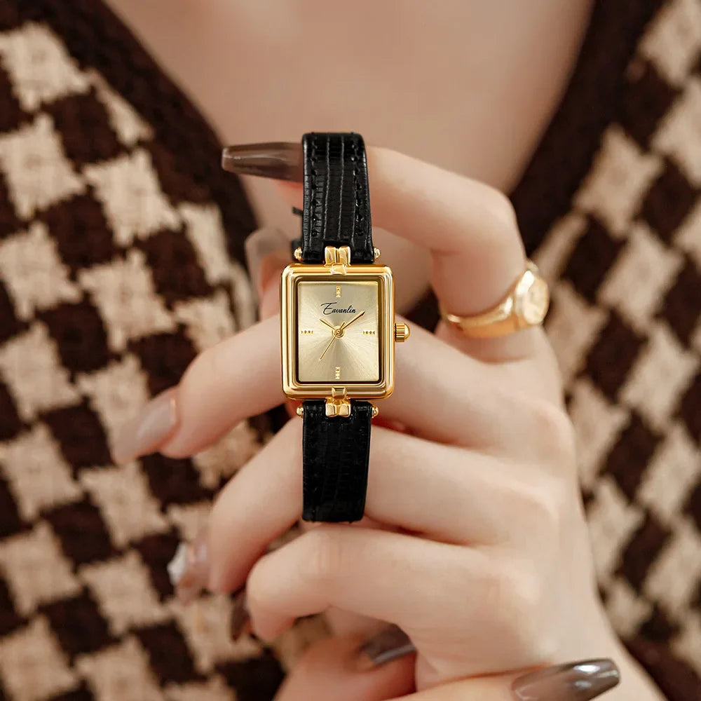 Black Gold-Tone Steel Leather Watch