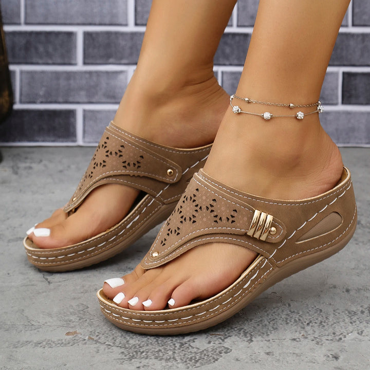 Tan Perforated Wedge Sandals side view