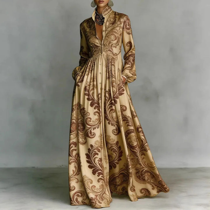 Khaki Printed Shirt-Collar Maxi Dress damask print worn