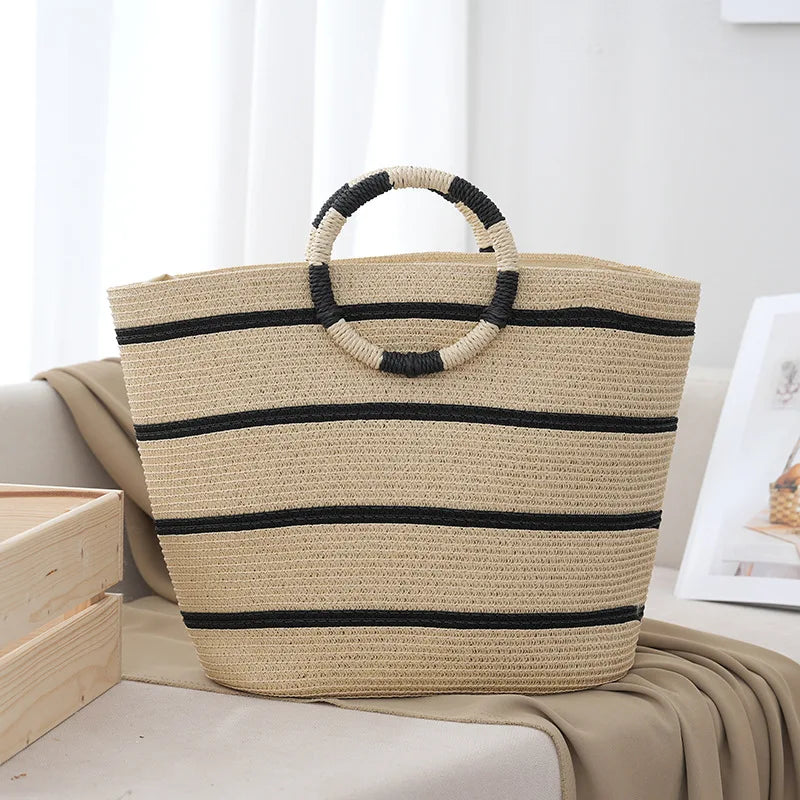 Striped Woven Beach Tote Bag 0