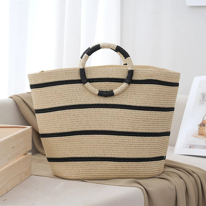 Striped Woven Beach Tote Bag 0