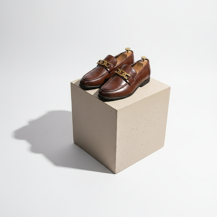 Brown Genuine Leather Buckle Loafers