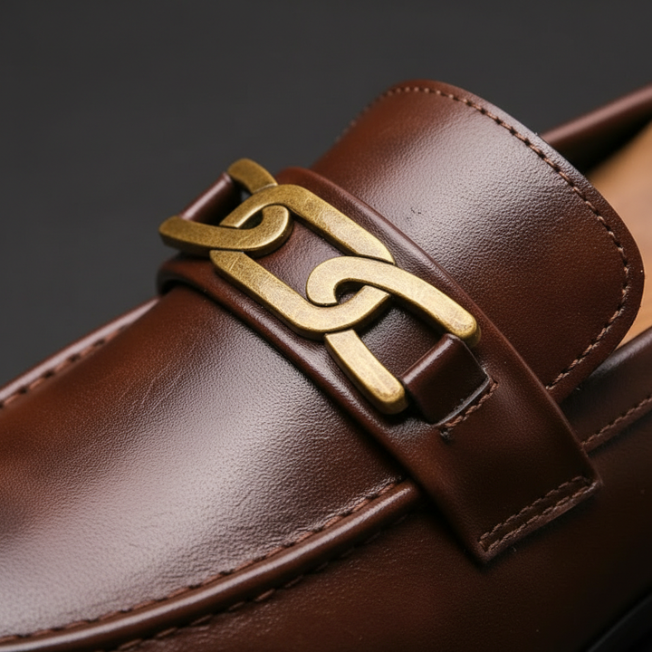 Black Genuine Leather Buckle Loafers
