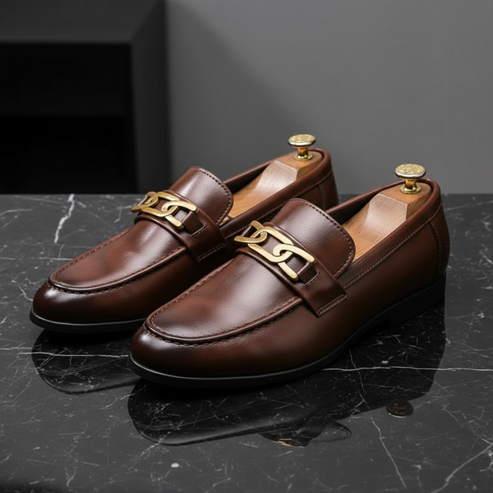 Brown Genuine Leather Buckle Loafers