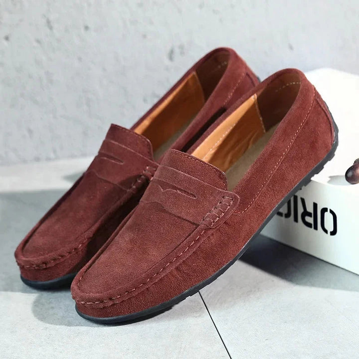 Auburn suede driving loafers, studio product shot
