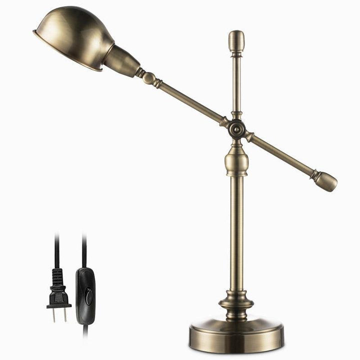 Antique brass articulating desk lamp, front view