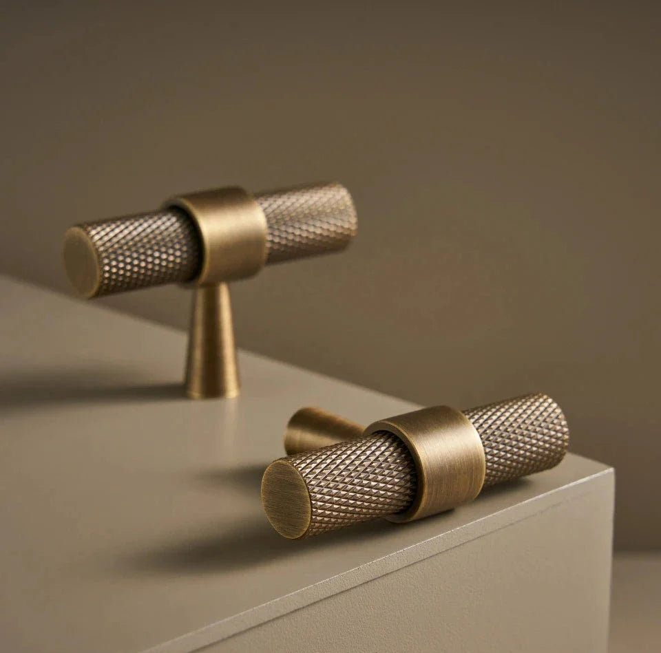 Antique Brass Knurled Cabinet T-Bar Pull pair