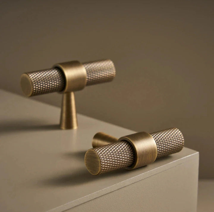 Antique Brass Knurled Cabinet T-Bar Pull pair