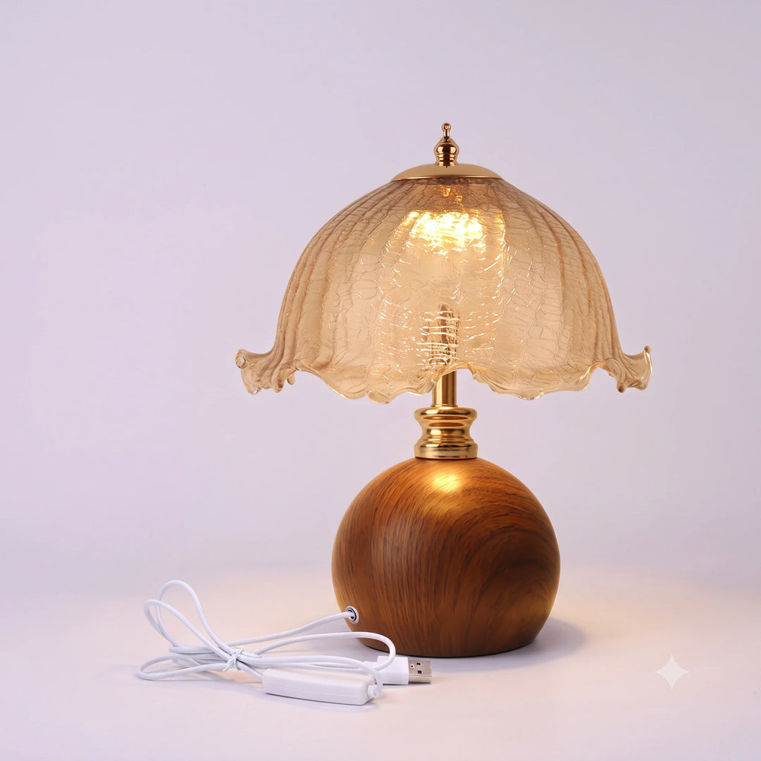 Gold Crackle Glass Flower Table Lamp on White Background