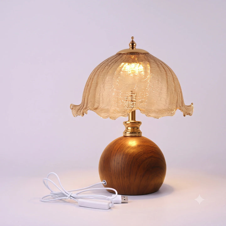 Gold Crackle Glass Flower Table Lamp on White Background