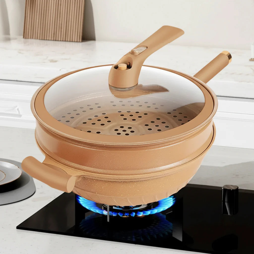 Nonstick Aluminum Steamer Wok Pan front view