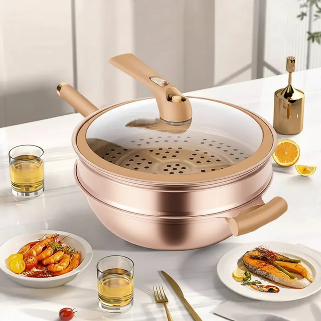 Nonstick Aluminum Steamer Wok Pan with steamer basket and lid