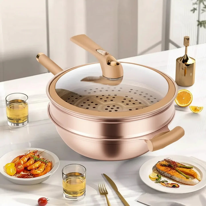Nonstick Aluminum Steamer Wok Pan with steamer basket and lid