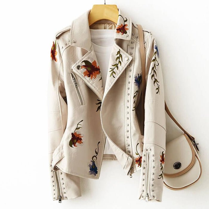 Pearl White Vegan Leather Jacket front view