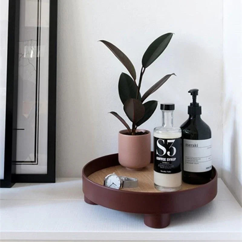 Grey Round Oak Wood Tray detail view