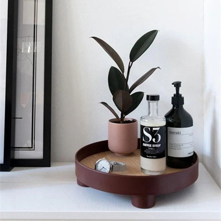 Grey Round Oak Wood Tray detail view