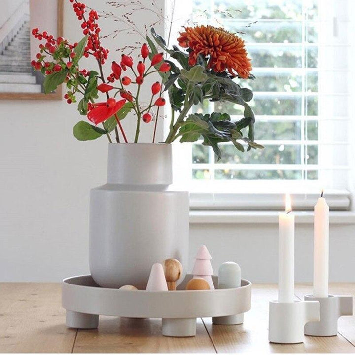 White Round Oak Wood Tray on sideboard