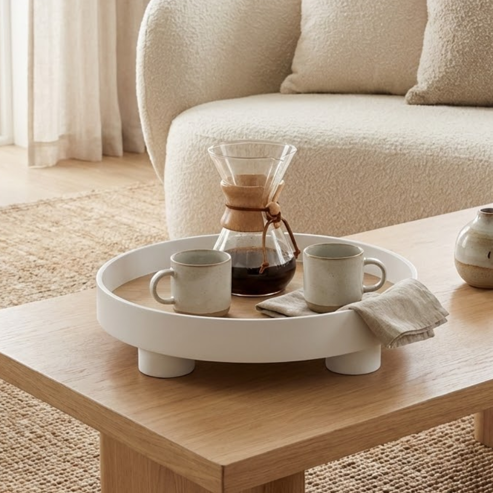 White Round Oak Wood Tray front view
