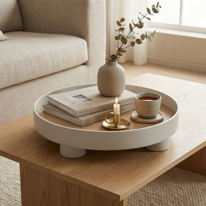 Grey Round Oak Wood Tray front view