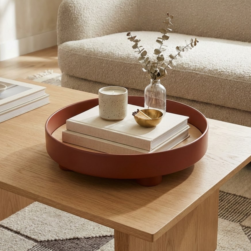 Black Round Oak Wood Tray styled with decor